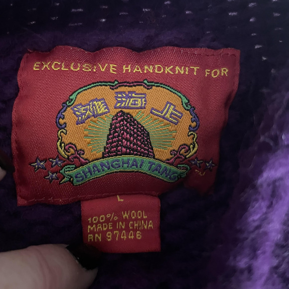 Vintage Y2K Shanghai Tang Sweater Women Large Purple Green Hand Knit Wool Chunky - Picture 5 of 11